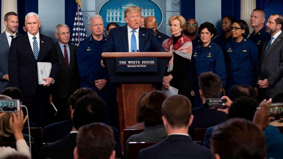 President Donald Trump speaks during a press briefing about the Coronavirus COVID 19 alongside Vice President Mike Pence and